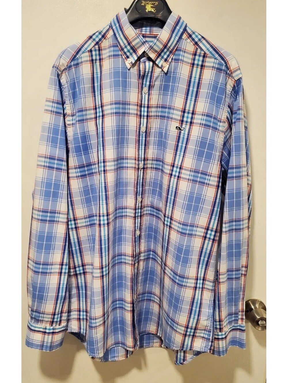 Vineyard Vines Medium Slim Fit Whale Shirt Plaid Blue Red White Button Up